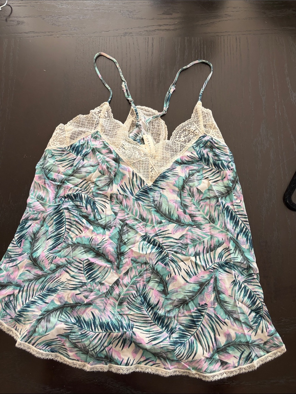 lovestitch Mint, Pink & Cream Palm-Print Lace-Trim Camisole